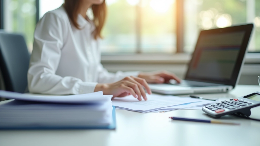 Modern office workspace with laptop showing spreadsheet, calculator, and payroll documents on desk