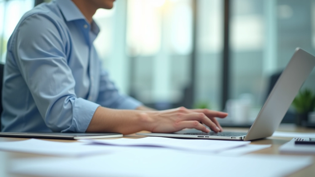 Person at desk setting up payroll software with multiple windows and documents