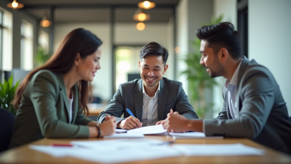 Team members in modern office collaborating on payroll documents and financial records